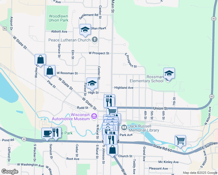 map of restaurants, bars, coffee shops, grocery stores, and more near 525 North Main Street in Hartford