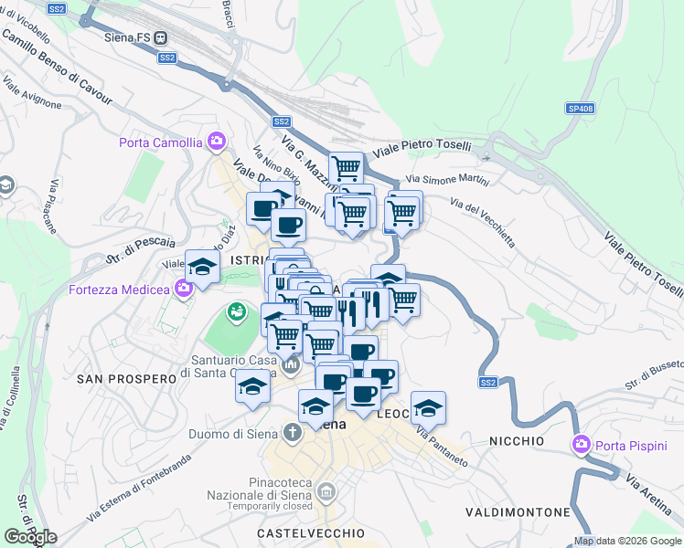 map of restaurants, bars, coffee shops, grocery stores, and more near Via Pian D'Ovile in Siena