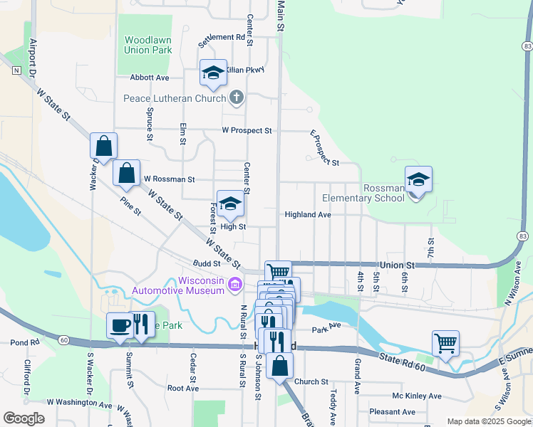 map of restaurants, bars, coffee shops, grocery stores, and more near 447 North Johnson Street in Hartford
