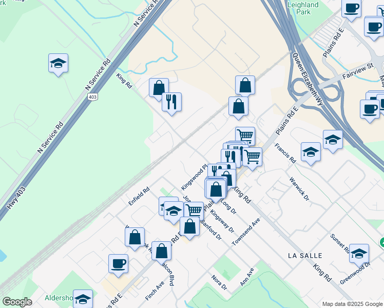 map of restaurants, bars, coffee shops, grocery stores, and more near 1084 King Road in Burlington
