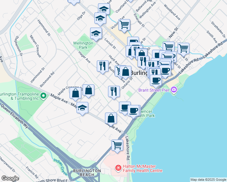 map of restaurants, bars, coffee shops, grocery stores, and more near 1351 Ontario Street in Burlington