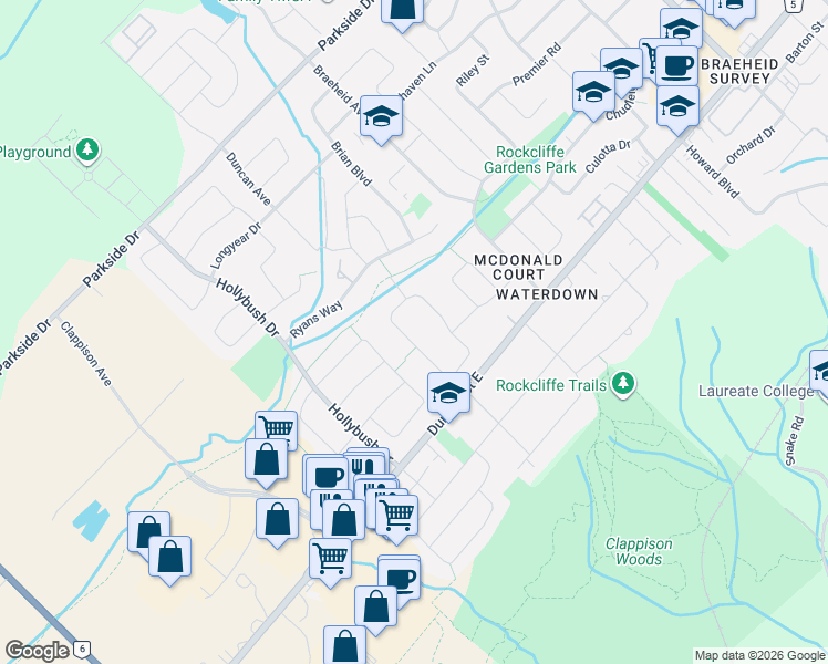map of restaurants, bars, coffee shops, grocery stores, and more near 47 McDonald Court in Hamilton