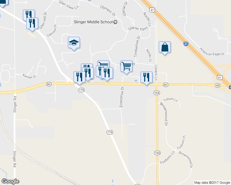 map of restaurants, bars, coffee shops, grocery stores, and more near 1061 E Commerce Blvd in Slinger