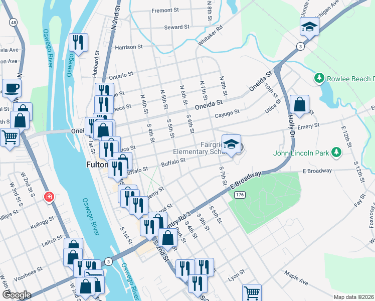 map of restaurants, bars, coffee shops, grocery stores, and more near 502 Buffalo Street in Fulton