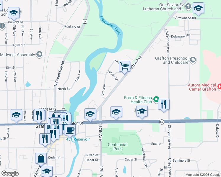 map of restaurants, bars, coffee shops, grocery stores, and more near 1011 Grafton Avenue in Grafton