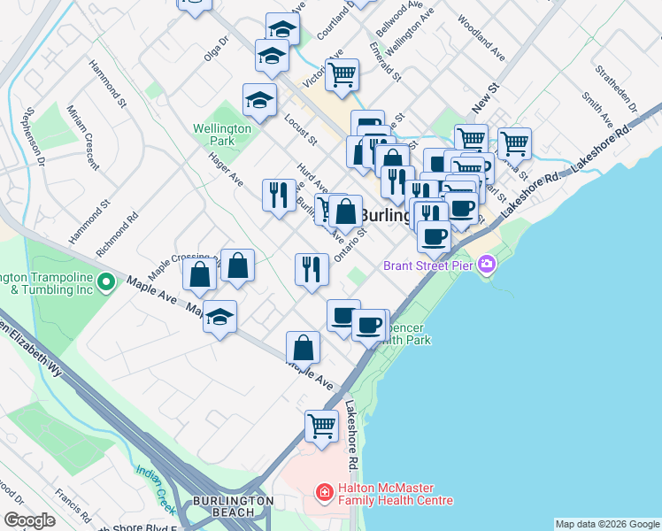 map of restaurants, bars, coffee shops, grocery stores, and more near Ontario Street in Burlington