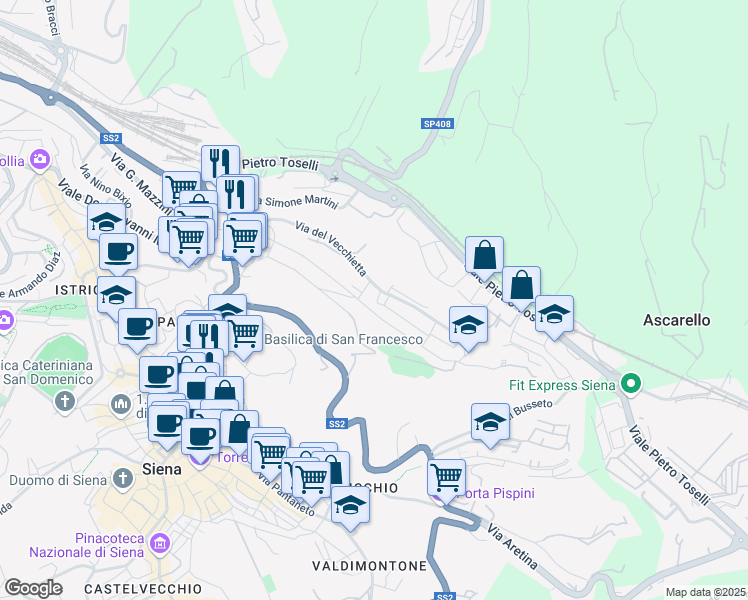 map of restaurants, bars, coffee shops, grocery stores, and more near 6A Via Giovanni di Paolo in Siena