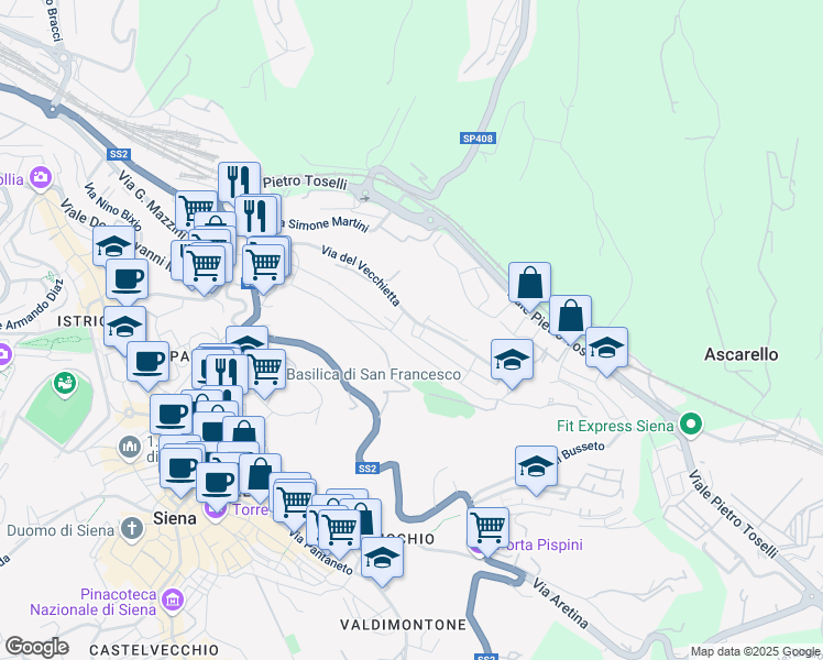 map of restaurants, bars, coffee shops, grocery stores, and more near 6A Via Giovanni di Paolo in Siena