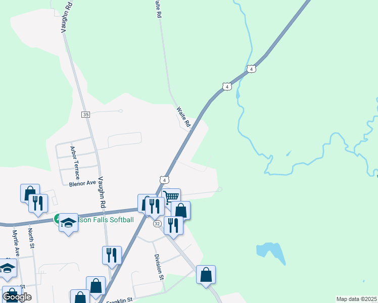 map of restaurants, bars, coffee shops, grocery stores, and more near 3157 Moss Street in Hudson Falls