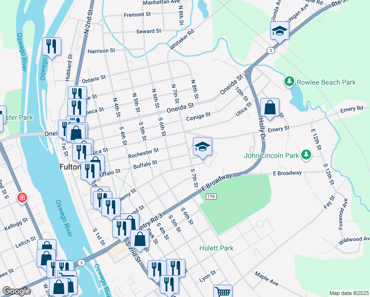 map of restaurants, bars, coffee shops, grocery stores, and more near 59 North 7th Street in Fulton