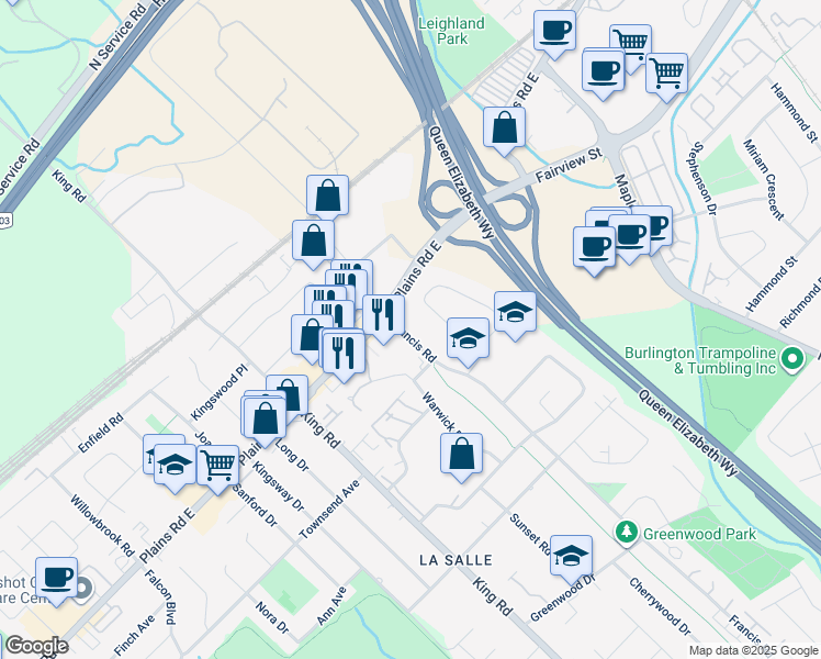 map of restaurants, bars, coffee shops, grocery stores, and more near 1025 Plains Road East in Burlington