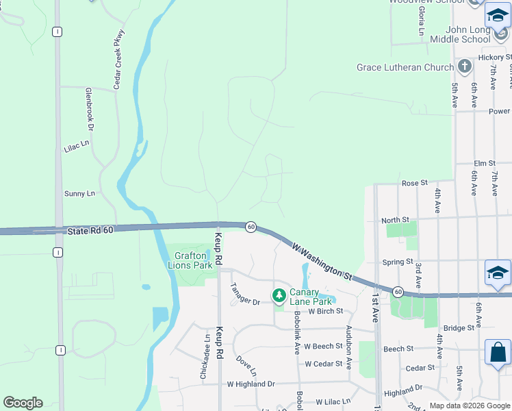 map of restaurants, bars, coffee shops, grocery stores, and more near 5120-5128 Highway 60 Trunk in Grafton