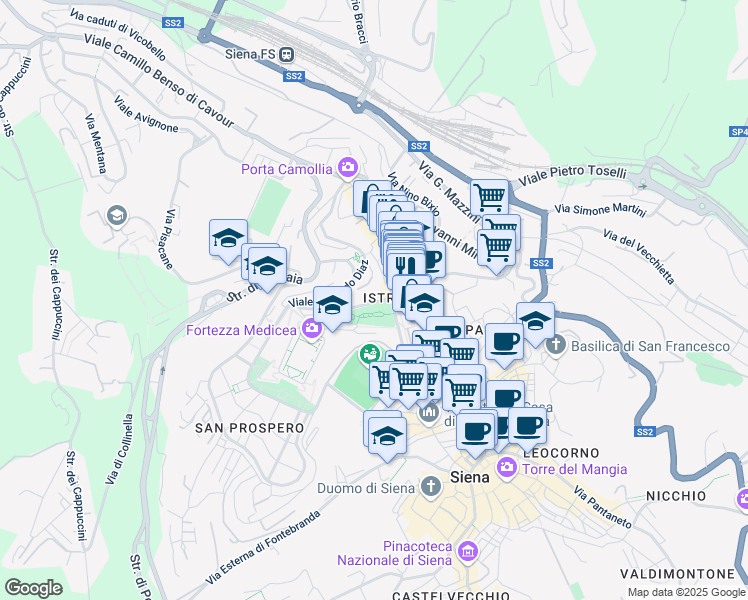 map of restaurants, bars, coffee shops, grocery stores, and more near 21 Viale Rinaldo Franci in Siena