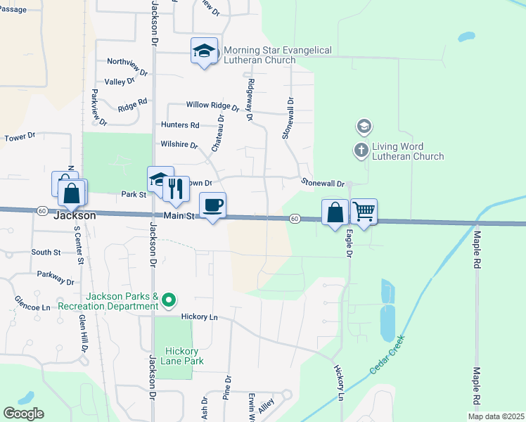map of restaurants, bars, coffee shops, grocery stores, and more near W198N16842 Ridgeway Drive in Jackson