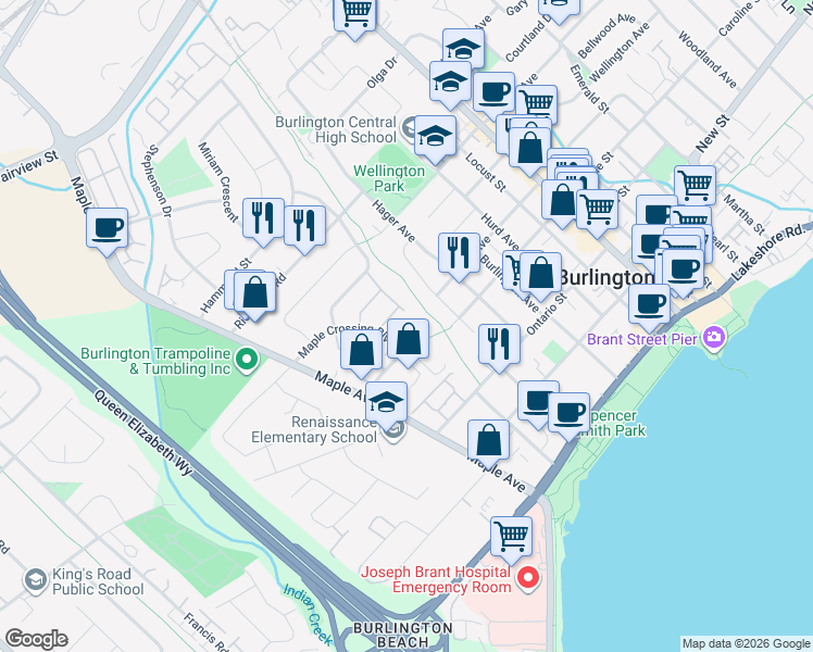 map of restaurants, bars, coffee shops, grocery stores, and more near 1280 Maple Crossing Boulevard in Burlington