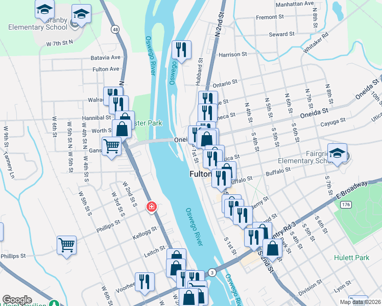 map of restaurants, bars, coffee shops, grocery stores, and more near 24 South 1st Street in Fulton