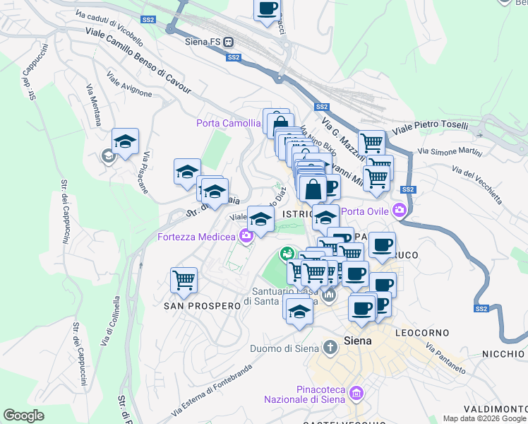 map of restaurants, bars, coffee shops, grocery stores, and more near 21 Viale Rinaldo Franci in Siena