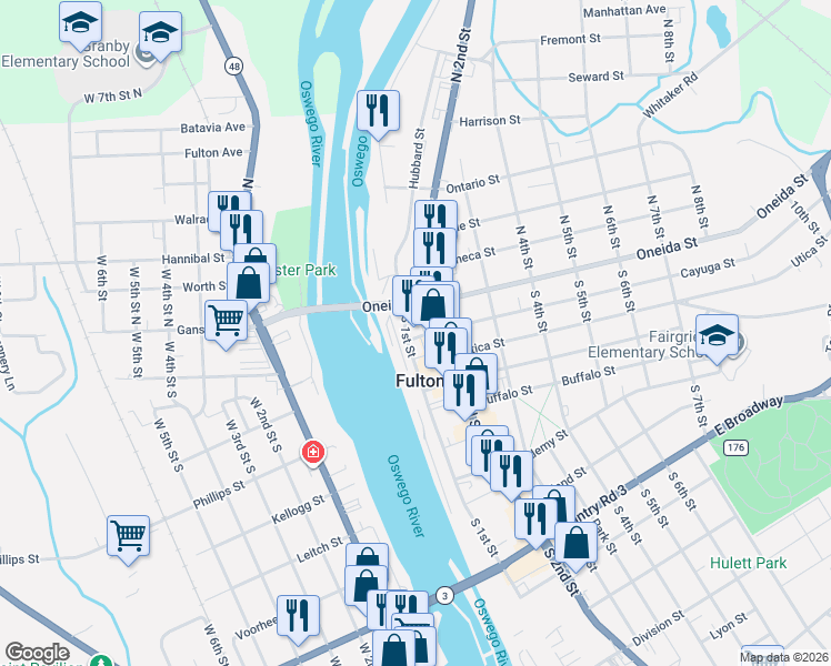 map of restaurants, bars, coffee shops, grocery stores, and more near 129 Cayuga Street in Fulton