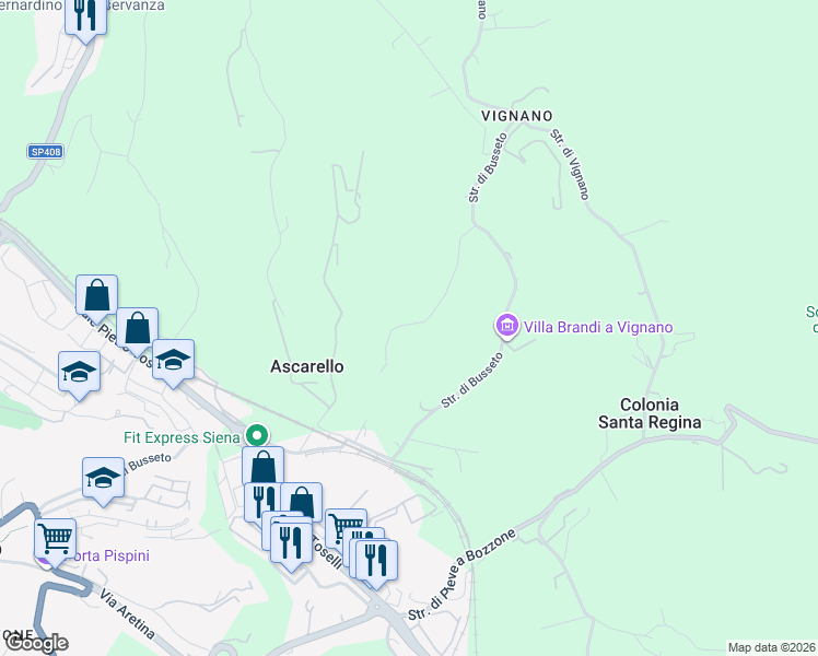 map of restaurants, bars, coffee shops, grocery stores, and more near 3 Strada di Belgioiello in siena