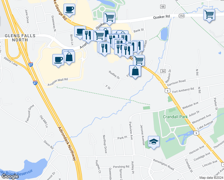 map of restaurants, bars, coffee shops, grocery stores, and more near 2 F Street in Queensbury