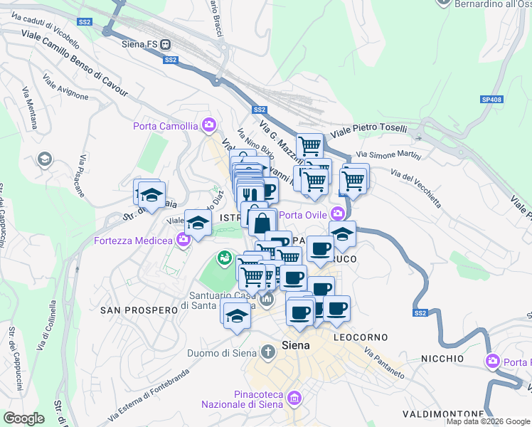 map of restaurants, bars, coffee shops, grocery stores, and more near 3 Piazza Sale in Siena