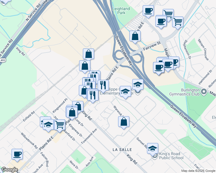 map of restaurants, bars, coffee shops, grocery stores, and more near 1025 Plains Road East in Burlington