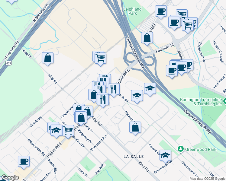 map of restaurants, bars, coffee shops, grocery stores, and more near 680 Plains Road East in Burlington