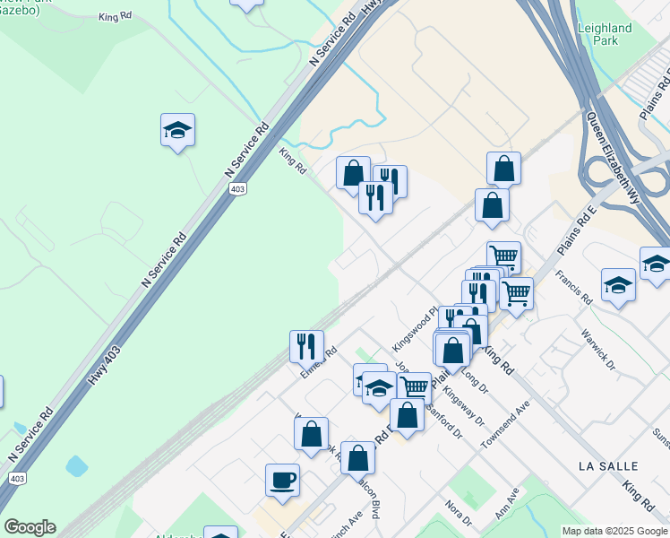 map of restaurants, bars, coffee shops, grocery stores, and more near 1156 King Road in Burlington