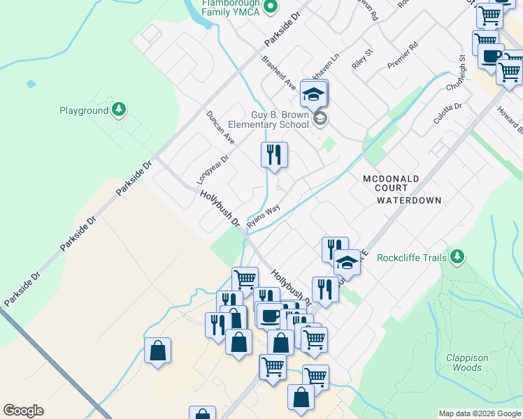 map of restaurants, bars, coffee shops, grocery stores, and more near in Hamilton