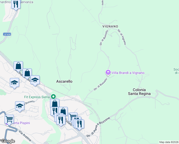 map of restaurants, bars, coffee shops, grocery stores, and more near 3 Strada di Belgioiello in siena