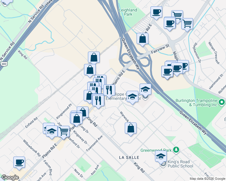 map of restaurants, bars, coffee shops, grocery stores, and more near 1025 Plains Road East in Burlington