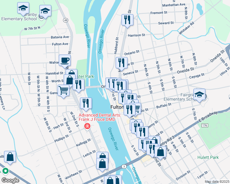 map of restaurants, bars, coffee shops, grocery stores, and more near 17 South 1st Street in Fulton