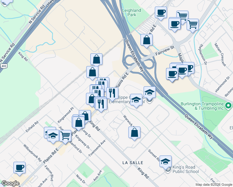 map of restaurants, bars, coffee shops, grocery stores, and more near 1025 Plains Road East in Burlington