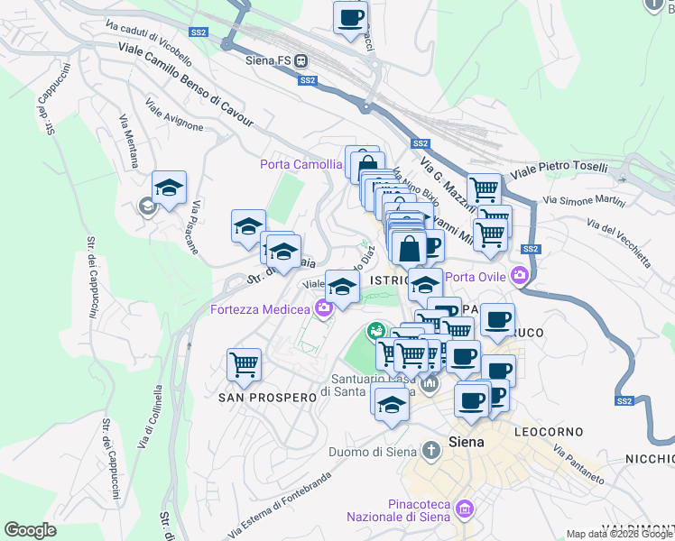 map of restaurants, bars, coffee shops, grocery stores, and more near 21 Viale Rinaldo Franci in Siena