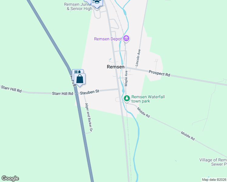 map of restaurants, bars, coffee shops, grocery stores, and more near 10586 Steuben Street in Remsen