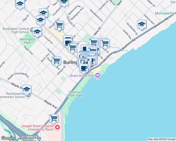 map of restaurants, bars, coffee shops, grocery stores, and more near 390 Brant Street in Burlington