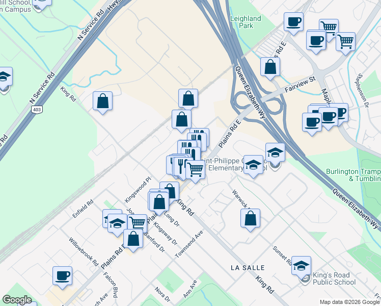 map of restaurants, bars, coffee shops, grocery stores, and more near 686 Inverness Avenue in Burlington