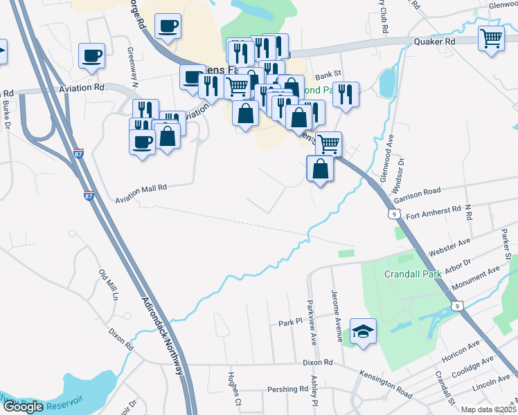 map of restaurants, bars, coffee shops, grocery stores, and more near 6 F Street in Queensbury