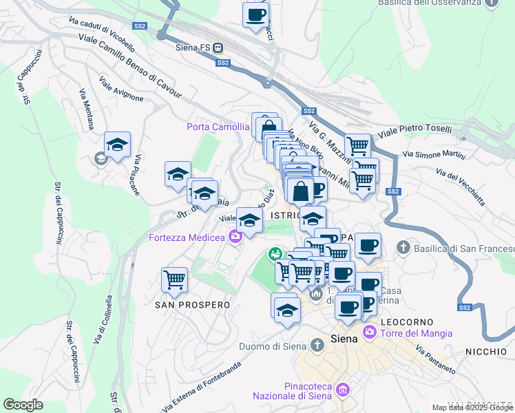 map of restaurants, bars, coffee shops, grocery stores, and more near 21 Viale Rinaldo Franci in Siena