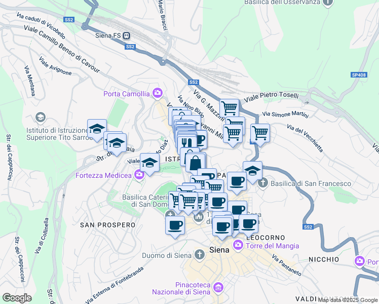 map of restaurants, bars, coffee shops, grocery stores, and more near 38 Via degli Umiliati in Siena
