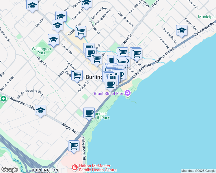 map of restaurants, bars, coffee shops, grocery stores, and more near 415 Locust Street in Burlington