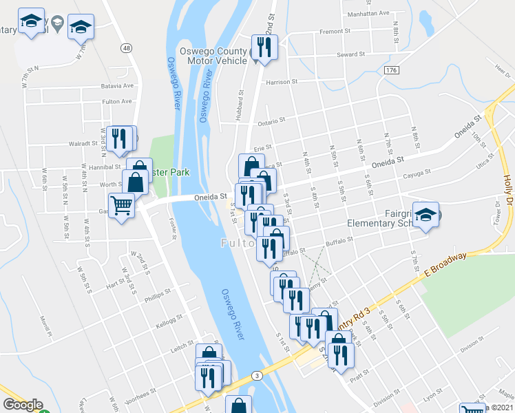 map of restaurants, bars, coffee shops, grocery stores, and more near 21 S 2nd St in Fulton