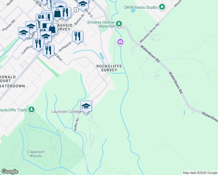 map of restaurants, bars, coffee shops, grocery stores, and more near 1983 Snake Road in Burlington