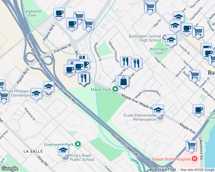 map of restaurants, bars, coffee shops, grocery stores, and more near 749 Maple Avenue in Burlington