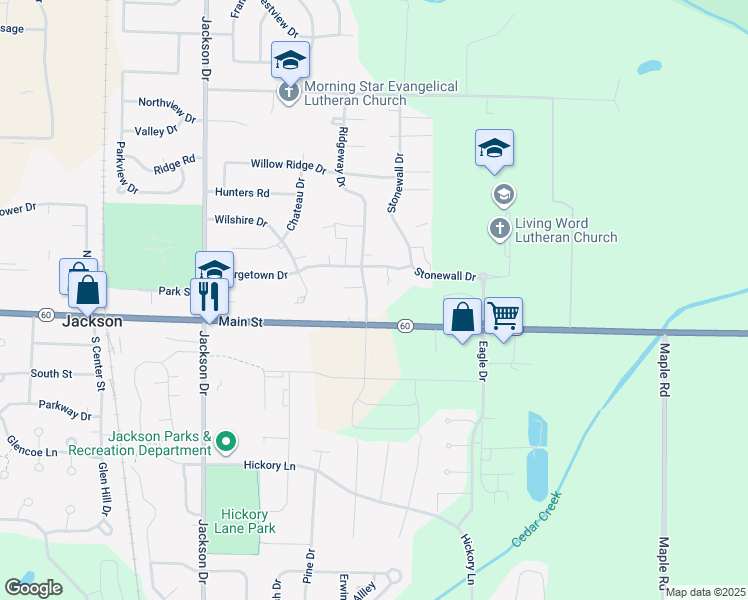 map of restaurants, bars, coffee shops, grocery stores, and more near W198N16842 Ridgeway Drive in Jackson