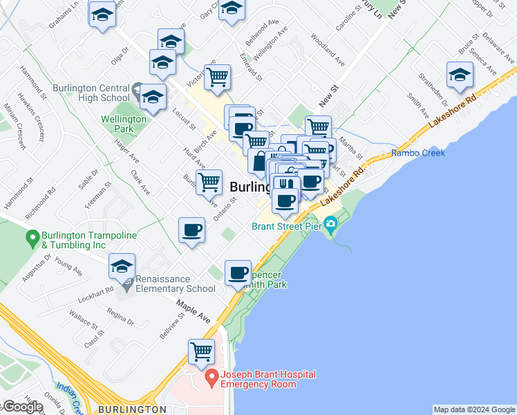 map of restaurants, bars, coffee shops, grocery stores, and more near in Burlington