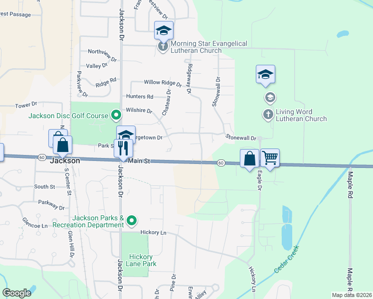 map of restaurants, bars, coffee shops, grocery stores, and more near N168W19937 Ridgeway Court in Jackson