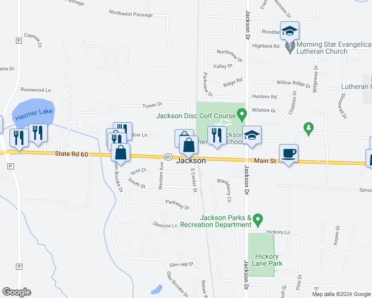 map of restaurants, bars, coffee shops, grocery stores, and more near W208N16831 North Center Street in Jackson