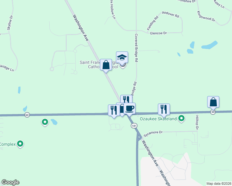 map of restaurants, bars, coffee shops, grocery stores, and more near 1355 Washington Avenue in Cedarburg