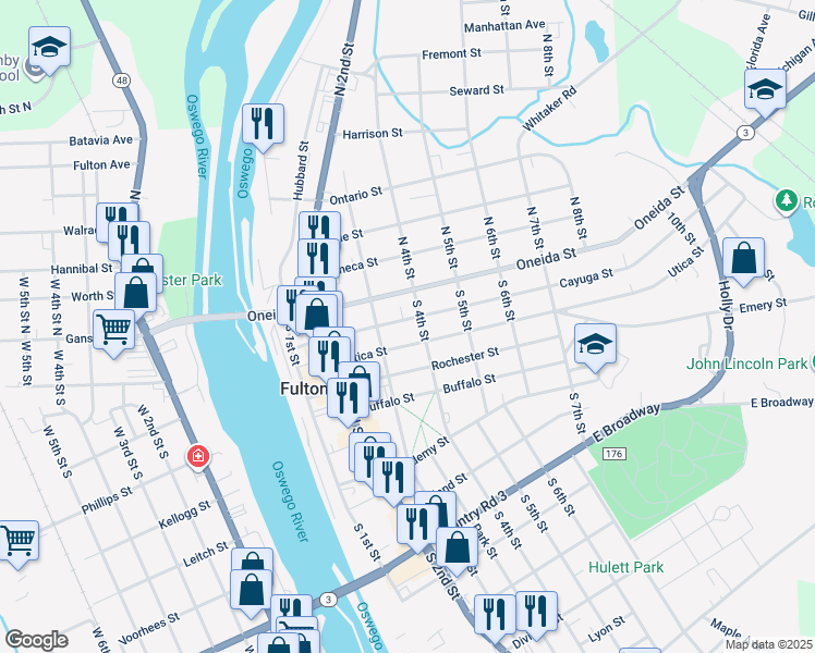 map of restaurants, bars, coffee shops, grocery stores, and more near 318 Cayuga Street in Fulton